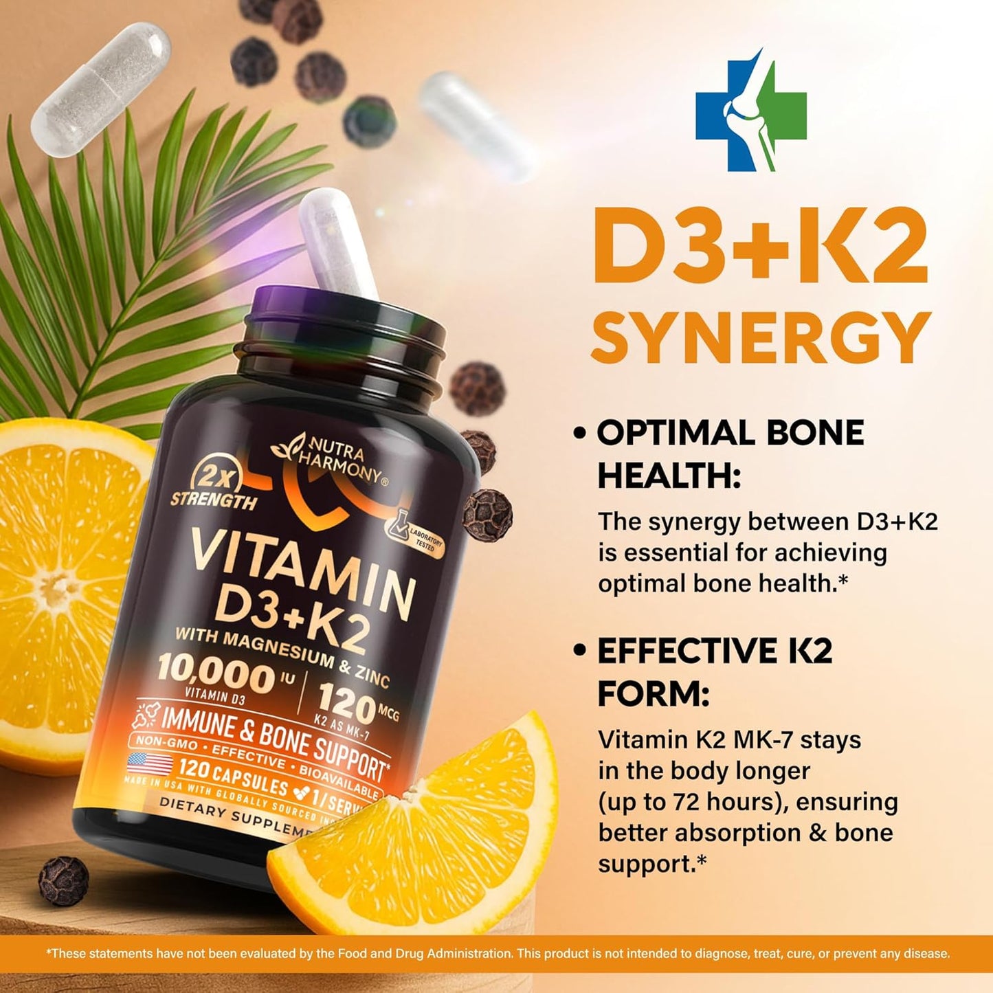 Vitamin D3 K2 - Vitamin D3 10000 Iu & K2 as MK-7 120 Mcg - Immune & Mood Support, for Bone & Teeth Health - with Magnesium, Zinc & Vitamin C & B12 - Highly Bioavailable - Made in USA, 120 Capsules