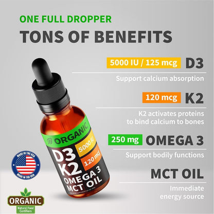 (2 Pack) Organic Vitamin D3 K2 Drops with MCT Oil Omega 3, 5000 IU, Maximum Strength Vitamin D Liquid, No Fillers, Non-Gmo Liquid D3 for Faster Absorption and Immune Support (Unflavored, 2 Fl Oz)