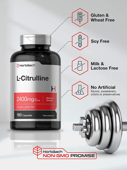 Horbaach L Citrulline Supplement for Men and Women | 2400 Mg | 180 Capsules | Maximum Strength and Free Form | Non-Gmo, Gluten Free