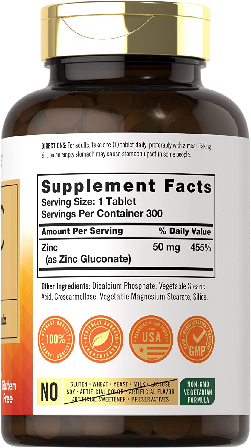 Carlyle Zinc 50Mg | 300 Tablets | Vegetarian, Non-Gmo, and Gluten Free Supplement | Zinc Gluconate | High  Formula