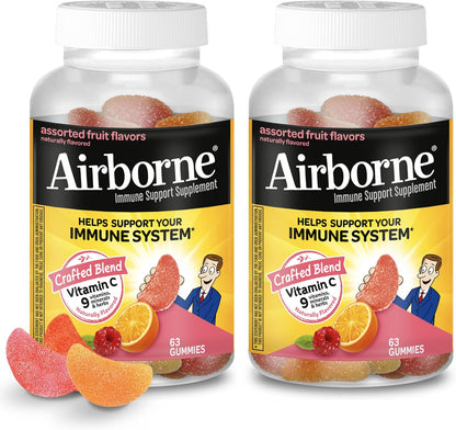 Airborne 750Mg Vitamin C Gummies for Adults, Immune Support Gummies with Powerful Antioxidants VIT C & E, Caffeine Free - 2X63Ct Bottle (42 Servings), Assorted Fruit Flavor