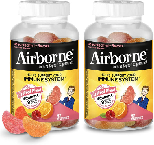 Airborne 750Mg Vitamin C Gummies for Adults, Immune Support Gummies with Powerful Antioxidants VIT C & E, Caffeine Free - 2X63Ct Bottle (42 Servings), Assorted Fruit Flavor
