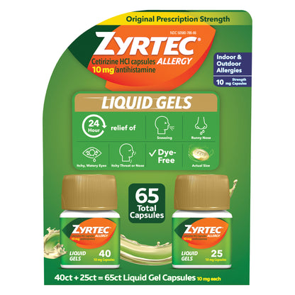 Zyrtec 24 Hour Allergy Relief Antihistamine Cetirizine Hcl 10 Mg, 65 Liquid Gels