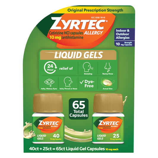 Zyrtec 24 Hour Allergy Relief Antihistamine Cetirizine Hcl 10 Mg, 65 Liquid Gels