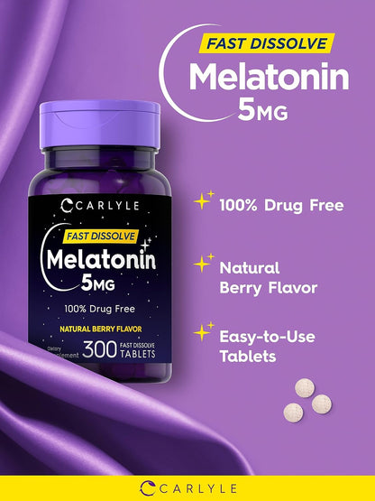 Carlyle Melatonin 5 Mg Fast Dissolve 300 Tablets | Berry Flavor | Vegetarian, Non-Gmo Supplement