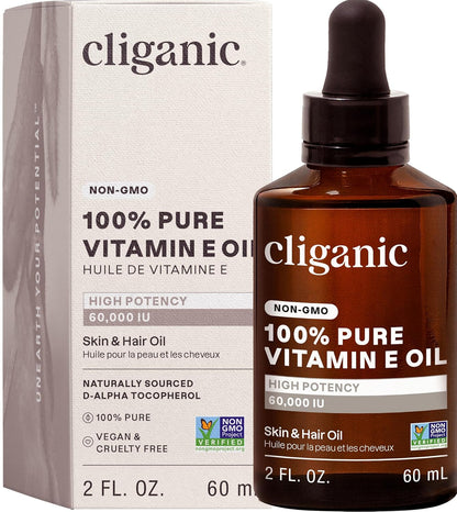 Cliganic Pure Vitamin E Oil for Skin, Scars, Hair & Face - 60,000 IU, Non-Gmo Verified | Natural D-Alpha Tocopherol