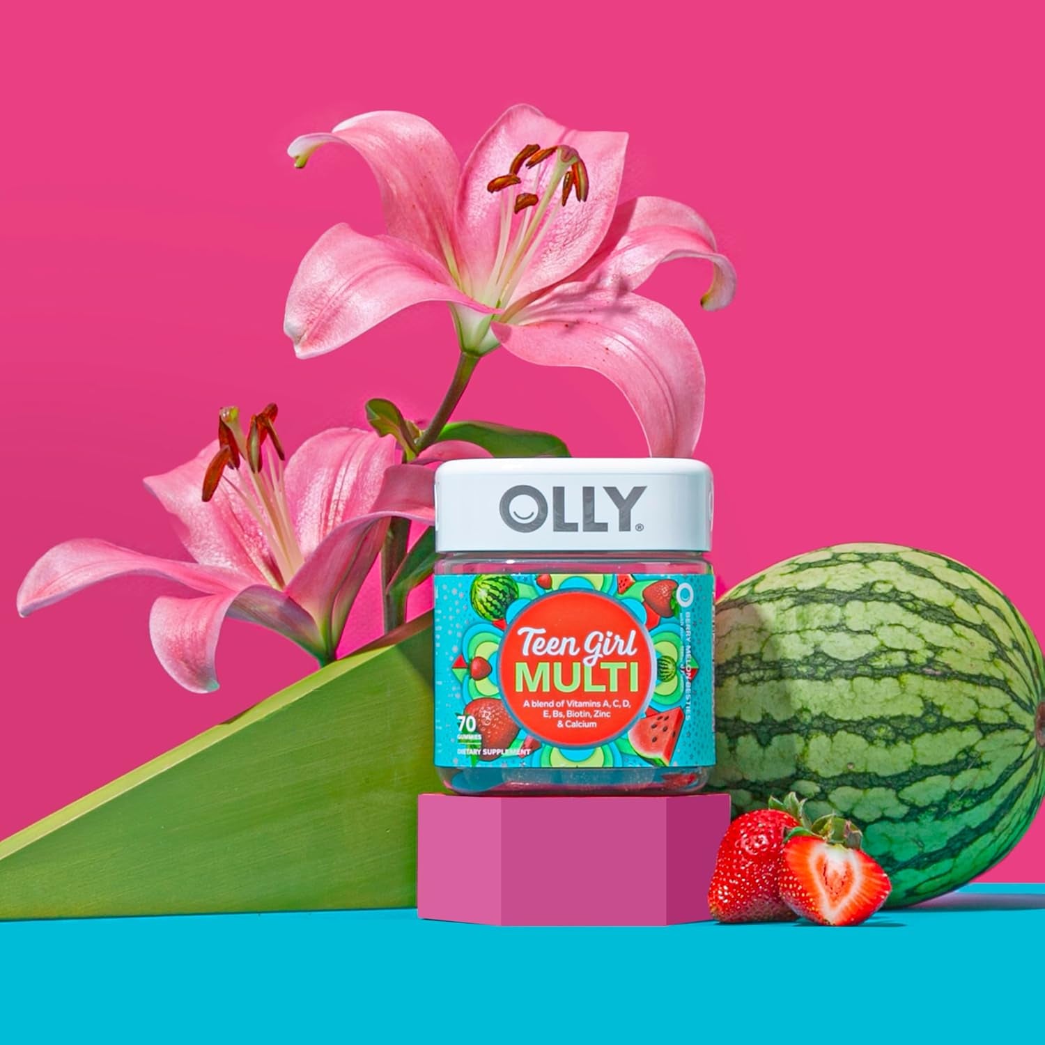 Olly Teen Girl Multi Gummy, Healthy Skin and Immune Support, 15 Essential Vitamins, Biotin, Zinc, Calcium, Chewable Multivitamin, Berry Melon, 35 Day Supply, 70 Count