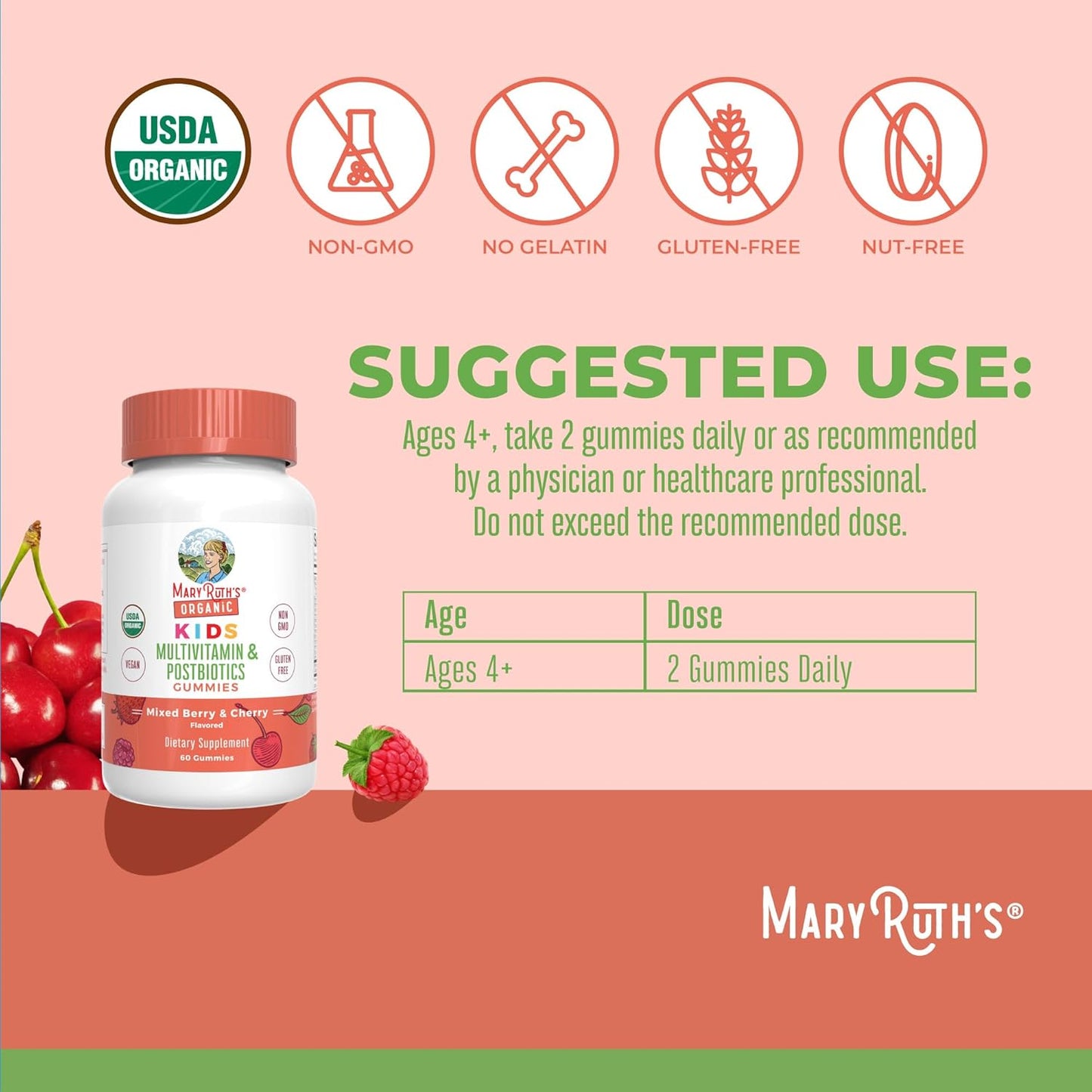 Kids Vitamins by Maryruth'S | USDA Organic | Multivitamin Gummies + Postbiotics for Ages 4+ | Multivitamin for Kids with Lactobacillus Rhamnosus | Children’S Vitamins | Vegan | Non-Gmo | 60 Count