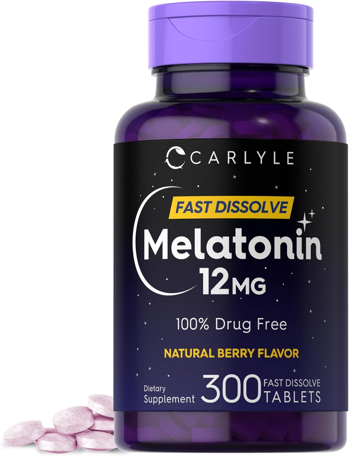 Carlyle Melatonin 12 Mg Fast Dissolve 300 Tablets | Drug Free | Natural Berry Flavor | Vegetarian, Non-Gmo, Gluten Free