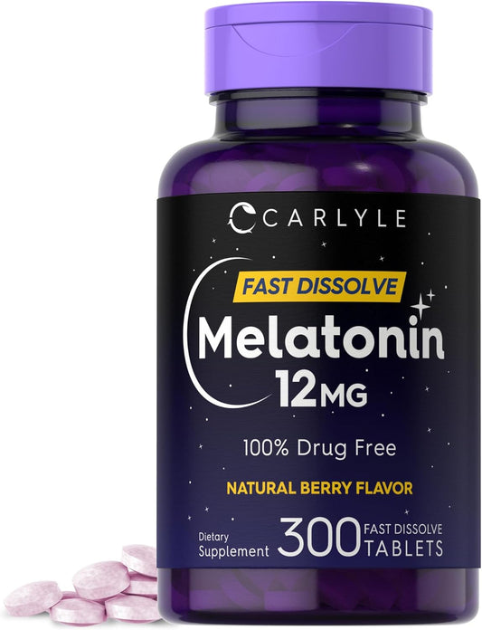Carlyle Melatonin 12 Mg Fast Dissolve 300 Tablets | Drug Free | Natural Berry Flavor | Vegetarian, Non-Gmo, Gluten Free