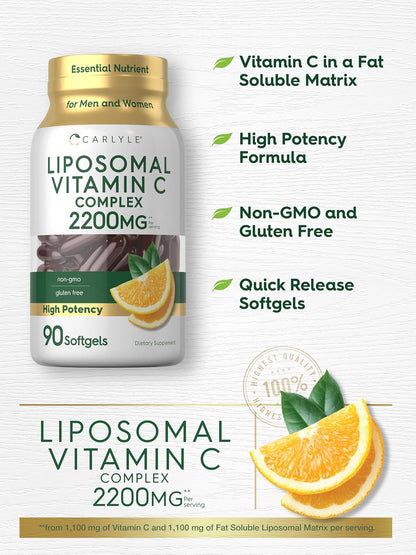 Carlyle Liposomal Vitamin C | 2200Mg | 90 Softgel Capsules | High  Complex Supplement | Non-Gmo, Gluten Free Packaging May Vary