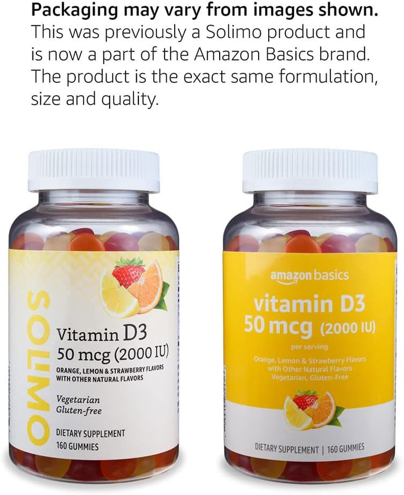 Vitamin D3 2000 IU Gummies, Orange, Lemon & Strawberry, 160 Count (2 per Serving) (Previously Solimo)
