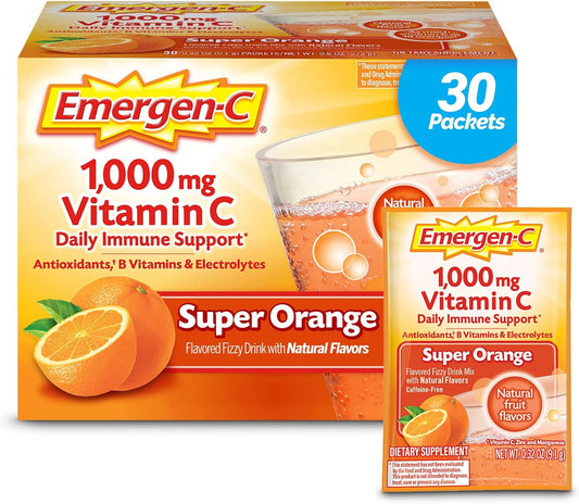 Emergen-C 1000Mg Vitamin C Powder for Daily Immune Support Caffeine Free Vitamin C Supplements with Zinc and Manganese, B Vitamins and Electrolytes, Super Orange Flavor - 30 Count