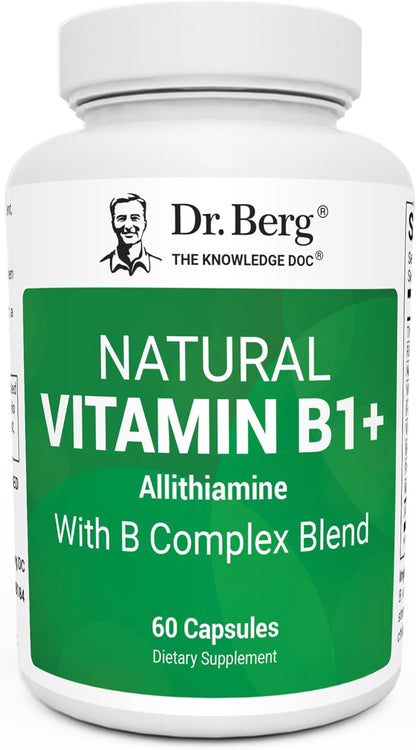 Dr. Berg Natural Vitamin B1 B6 B12 Complex - Allithiamine Vitamin B1 Supplement with 8 Essential Vitamin B Complex for Men & Women Including Thiamin, Niacin, Folate, Magnesium & More - 60 Capsules