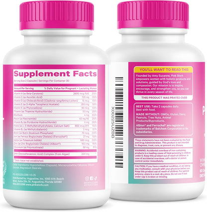 Pink Stork Total Postnatal Vitamins for Women with Vegan DHA, Iron, Folate, and Vitamin B12, Postpartum Recovery Essentials, Daily Supplement for Breastfeeding Moms - 1 Month Supply