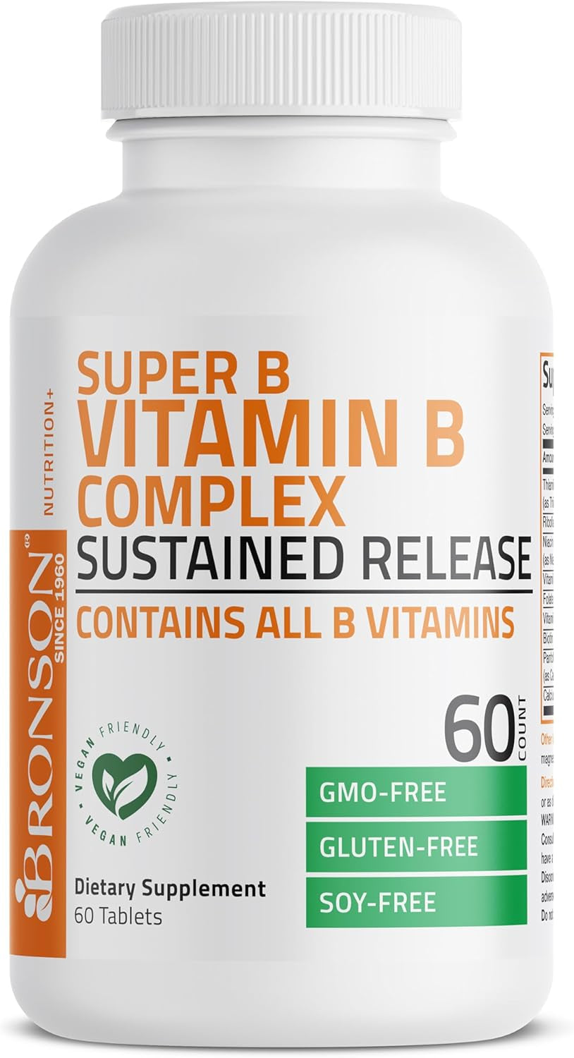 Bronson Super B Vitamin B Complex Sustained Slow Release (Vitamin B1, B2, B3, B6, B9 - Folic Acid, B12) Contains All B Vitamins 60 Tablets