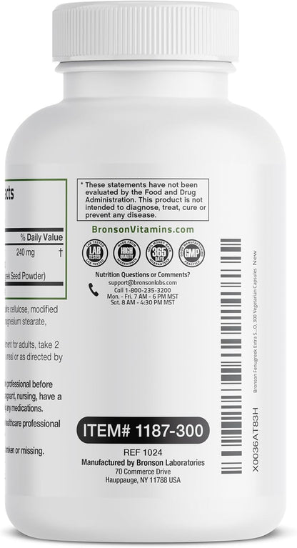 Bronson Fenugreek Seed Powder Capsules Extra Strength, Trigonella Foenum-Graecum, Non-Gmo, Soy-Free, Vegetarian, 300 Capsules
