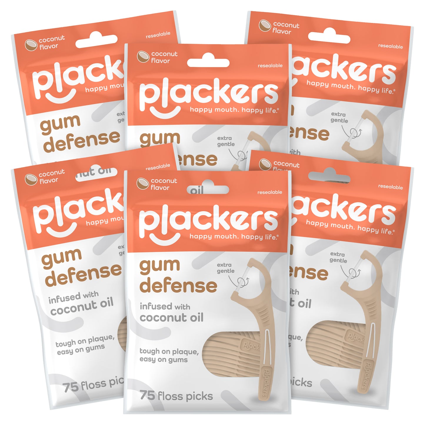 Plackers Gum Defense Infused with Coconut Oil Floss Picks, 75-Count, 6-Pack