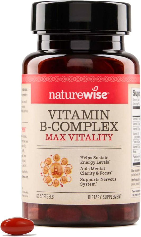 Naturewise Vitamin B Complex for Women and Men - with Folic Acid Biotin B1 B2 B3 B6 B12 - Support Cellular Energy & Mental Clarity - Gluten & Dairy Free, Non-Gmo - 60 Softgels[2-Month Supply]