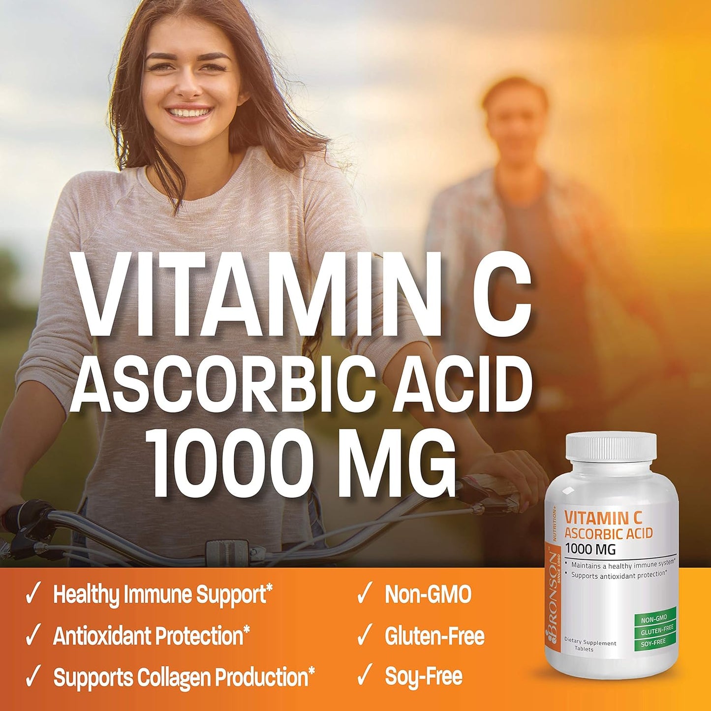 Bronson Vitamin C 1000Mg Premium Non-Gmo Ascorbic Acid Tablets, 100 Count