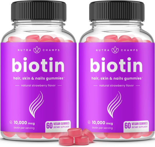 Nutrachamps (2 Pack) Biotin Gummies 10,000Mcg [High ] for Healthy Hair, Skin & Nails for Adults & Kids - 5000Mcg in Each Gummy Vitamin - Vegan, Non-Gmo, Pectin-Based Hair Health Supplement