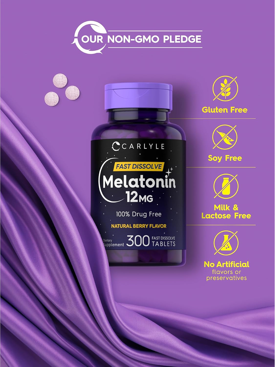 Carlyle Melatonin 12 Mg Fast Dissolve 300 Tablets | Drug Free | Natural Berry Flavor | Vegetarian, Non-Gmo, Gluten Free