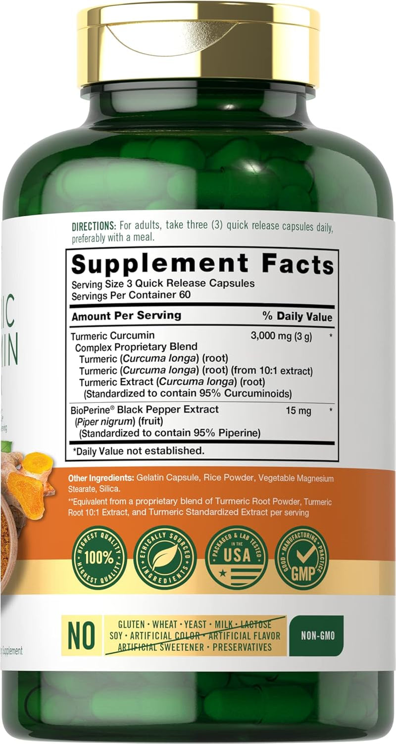 Carlyle Turmeric Curcumin Supplement | 3000Mg 180 Capsules | with Black Pepper, Curcuminoids and Bioperine | Non-Gmo, Gluten Free