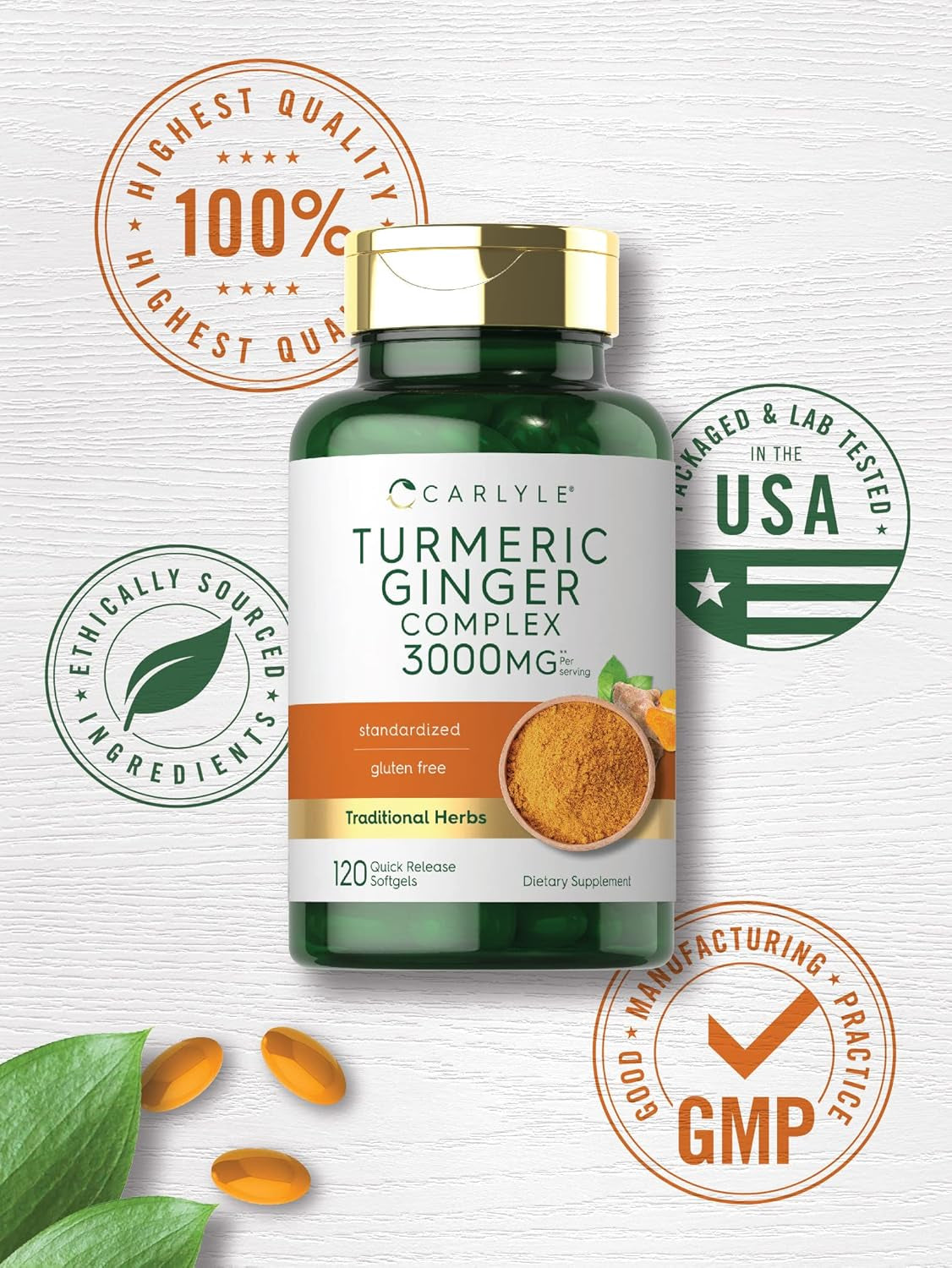 Carlyle Turmeric and Ginger Supplement 3000 Mg | 120 Softgel Capsules | Turmeric Curcumin Complex | with Black Pepper Extract | Non-Gmo, Gluten Free