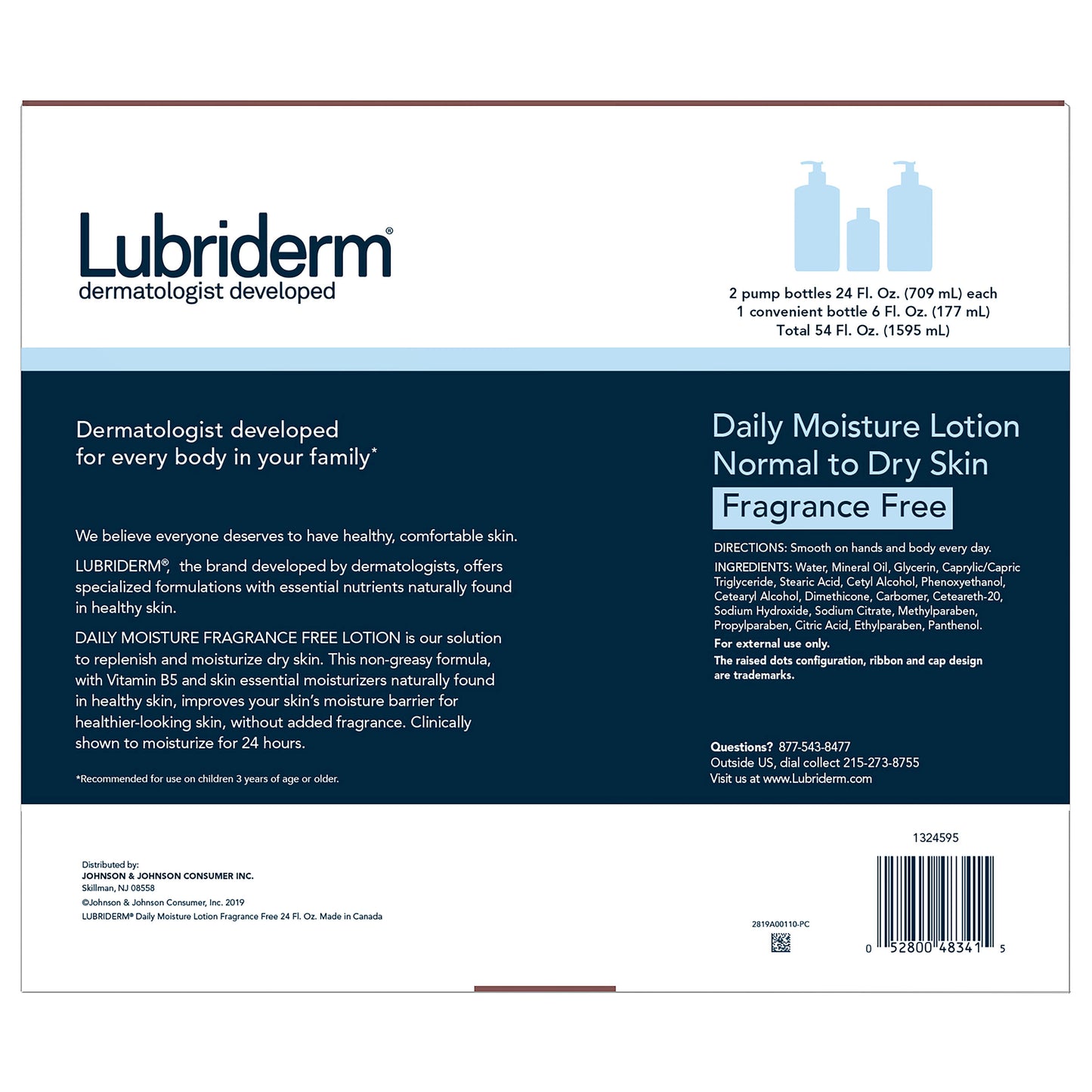 Lubriderm Daily Moisture Lotion, Fragrance Free 24 Fl Oz, 2-Count + 6 Fl Oz Travel Size