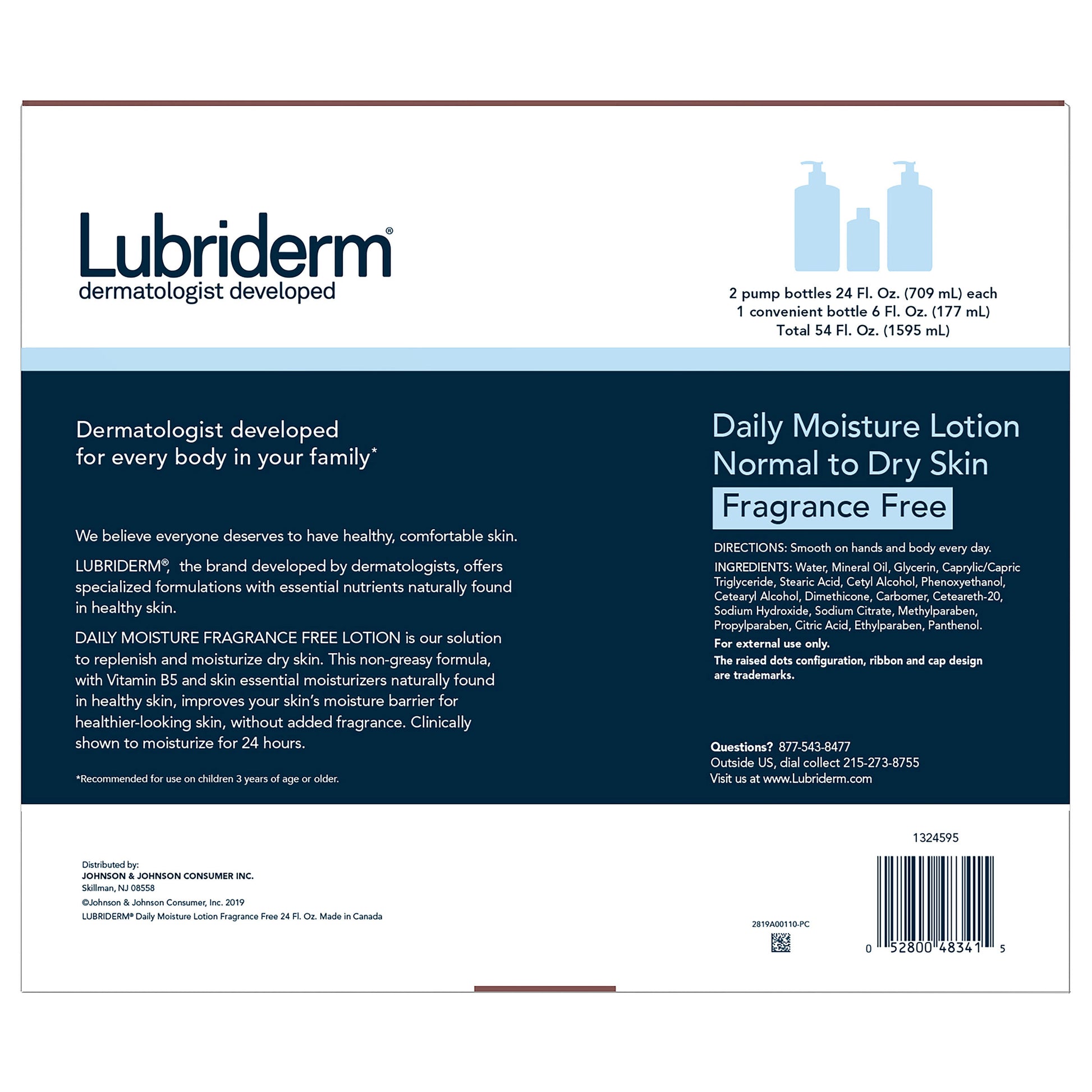 Lubriderm Daily Moisture Lotion, Fragrance Free 24 Fl Oz, 2-Count + 6 Fl Oz Travel Size