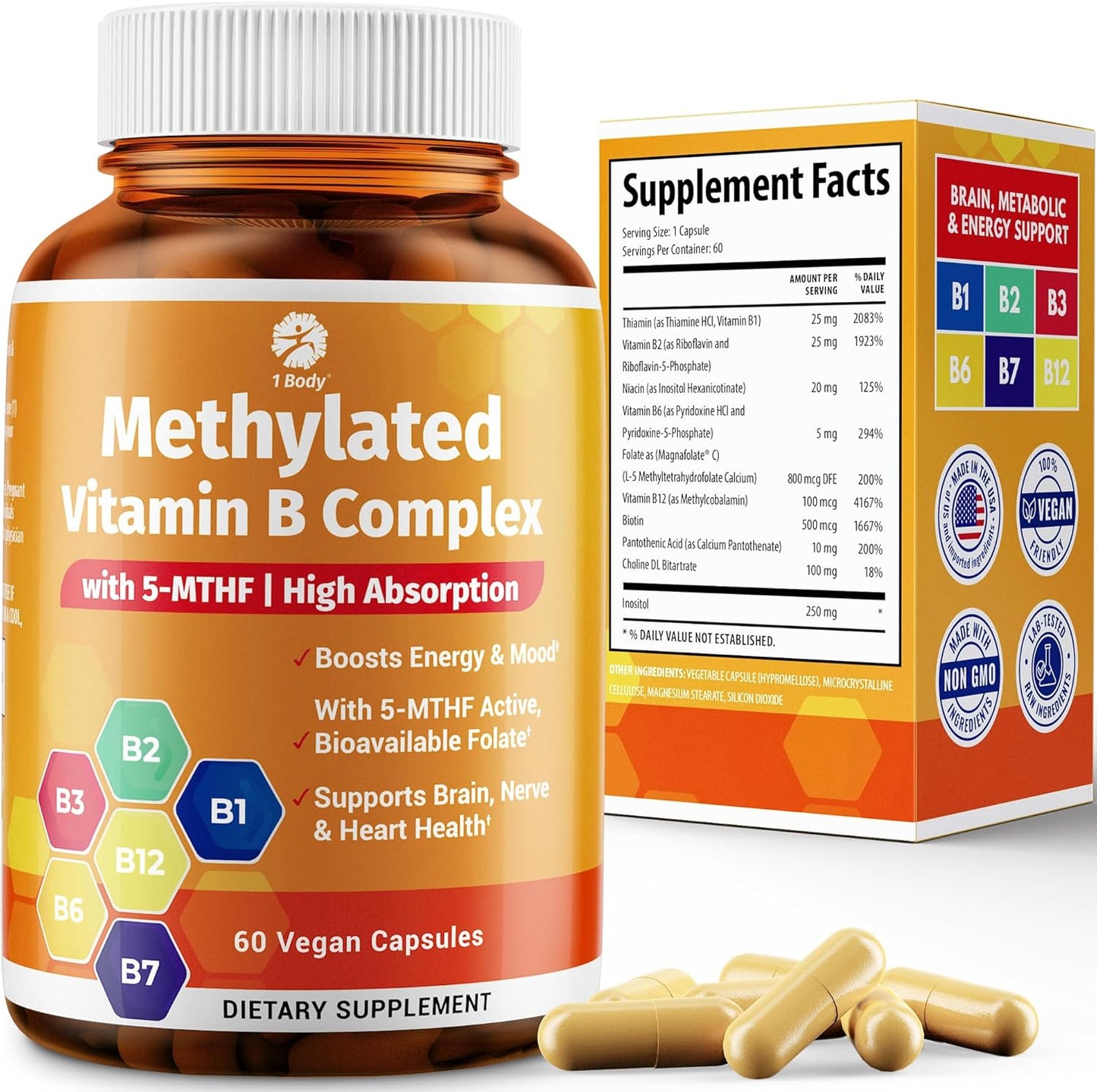 Vitamin B Complex – Methylated B Vitamins for Energy, Brain & Metabolism Support | Bioactive B Complex Vitamins for Women & Men with Methyl Folate (5-MTHF) & Methyl B12 – 60 Count