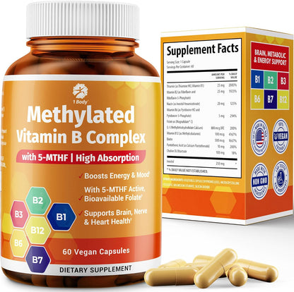 Vitamin B Complex – Methylated B Vitamins for Energy, Brain & Metabolism Support | Bioactive B Complex Vitamins for Women & Men with Methyl Folate (5-MTHF) & Methyl B12 – 60 Count