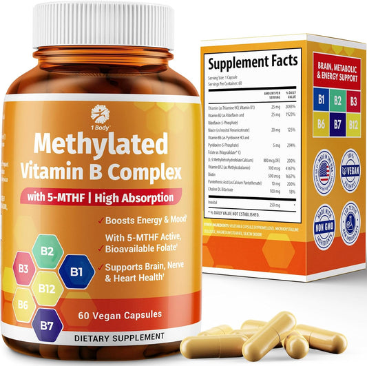 Vitamin B Complex – Methylated B Vitamins for Energy, Brain & Metabolism Support | Bioactive B Complex Vitamins for Women & Men with Methyl Folate (5-MTHF) & Methyl B12 – 60 Count