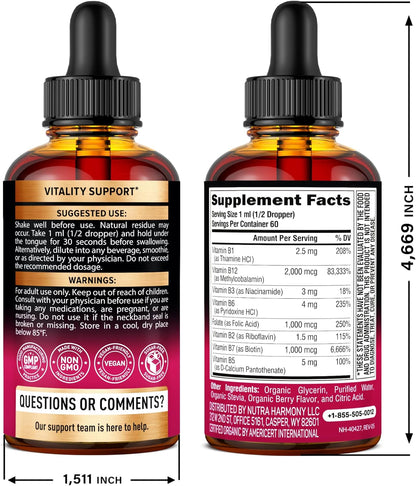 USDA Organic Vitamin B-Complex B5 Pantothenic Acid | B12 Methylcobalamin | B1 Thiamine | B6 Pyridoxine | B7 Biotin | B9 Folic | B3 Niacinamide - B Complex Liquid Drops, Made in USA Supplement, 2Fl Oz