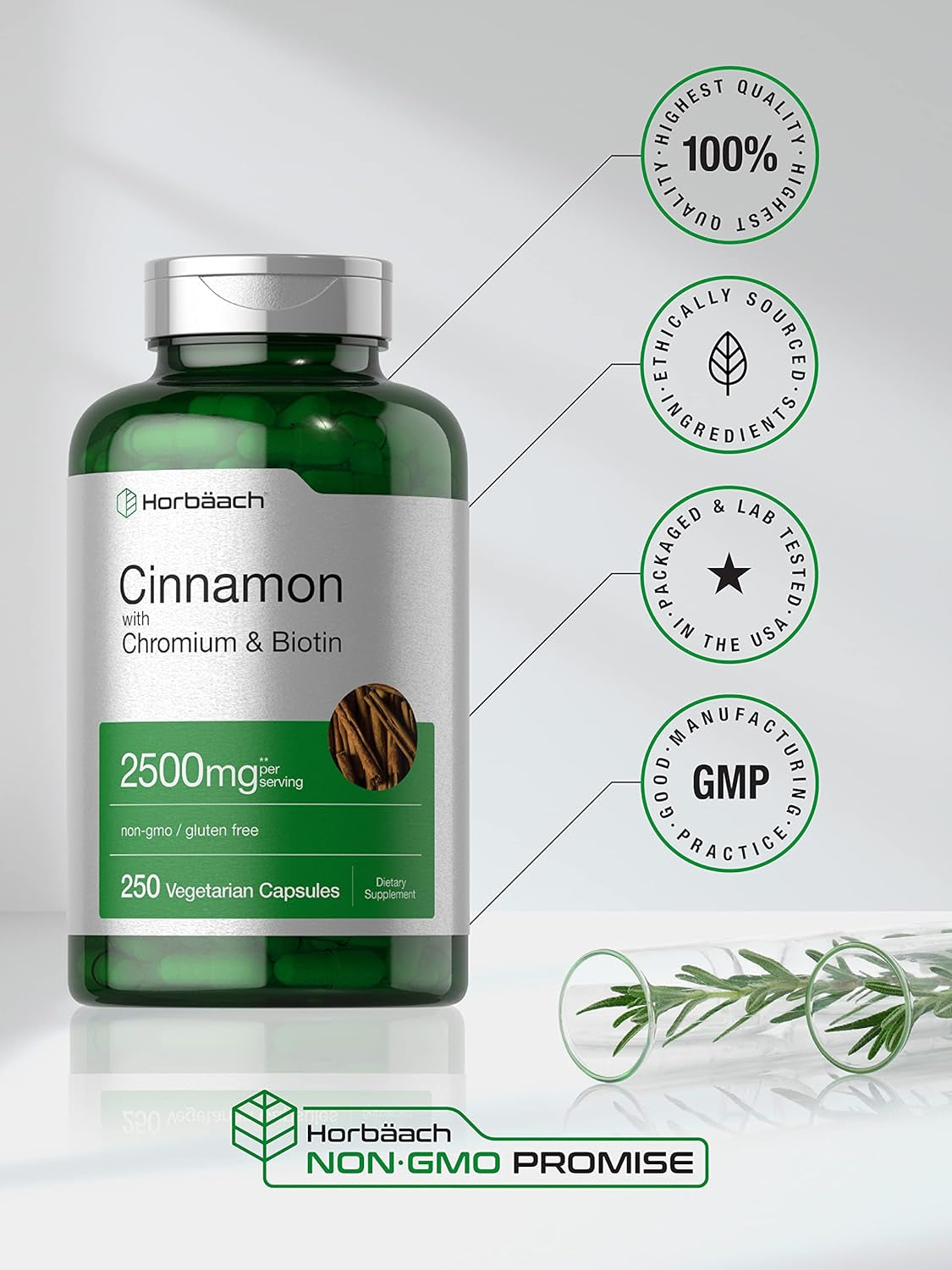 Horbäach Cinnamon with Chromium & Biotin 2500Mg | 250 Capsules | Herb Extract Supplement | Vegetarian, Non-Gmo, Gluten Free Extract Supplement