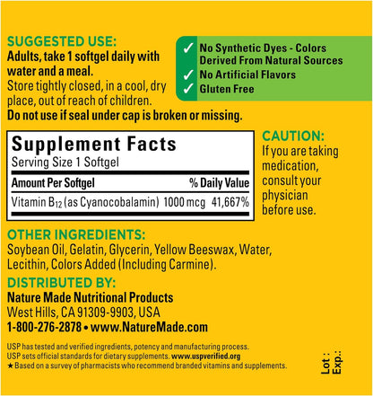 Nature Made Vitamin B12 1000 Mcg, Dietary Supplement for Energy Metabolism Support, B12 Vitamins 1000 Mcg, 150 Softgels, 150 Day Supply