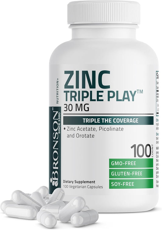Bronson Zinc Triple Play 30 Mg Triple Coverage Immune Support with Zinc Acetate, Picolinate & Orotate - Immune, Antioxidant & Skin Health Support - 100 Vegetarian Capsules