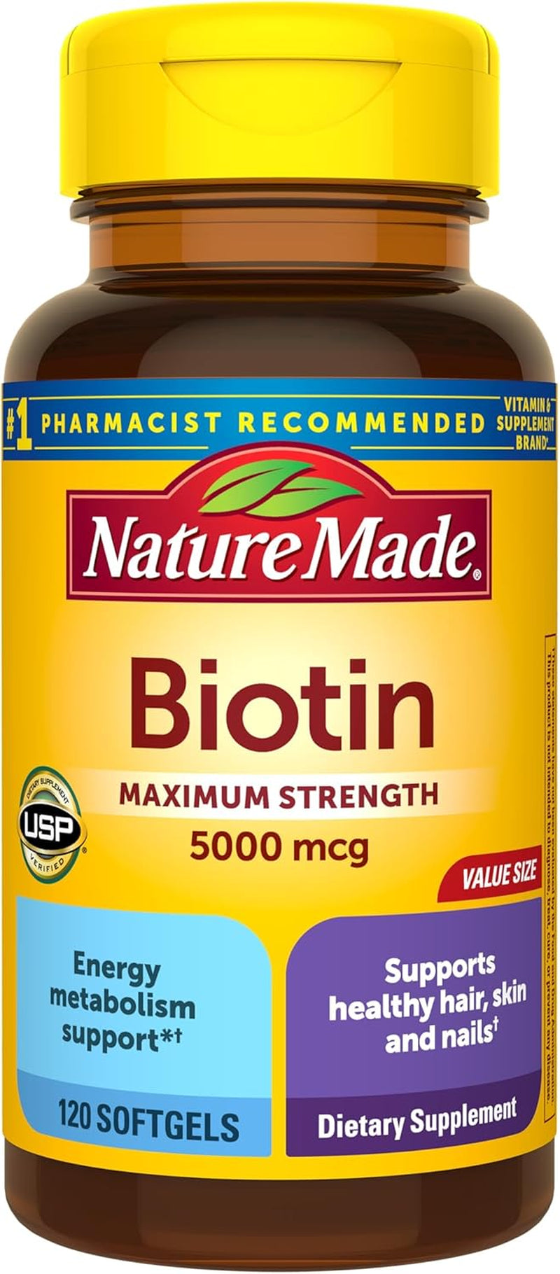 Nature Made Maximum Strength Biotin 5000 Mcg Softgels, Biotin Hair Skin and Nails Vitamins Dietary Supplement, 120 Count