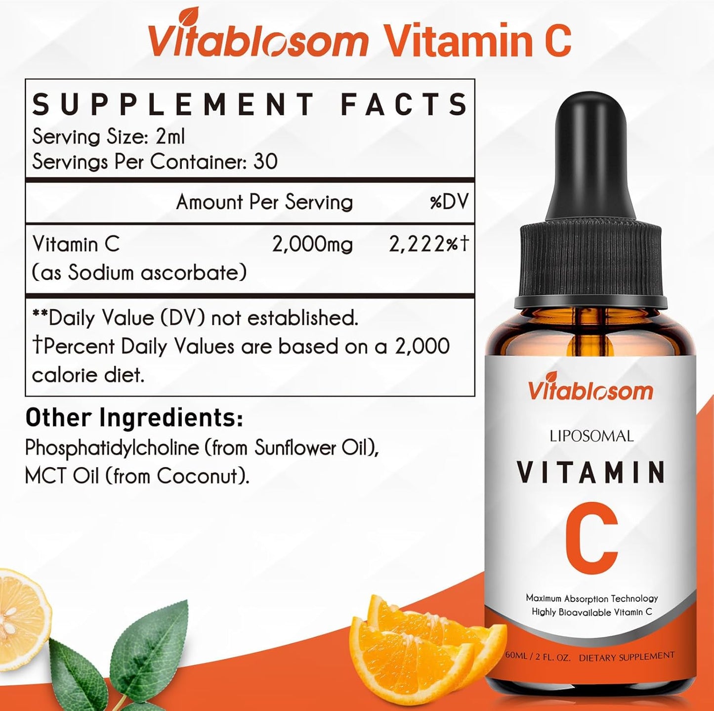 Liposomal Vitamin C 2000Mg Liquid for Adults, High Absorption VIT C, Maximize Vitamin C, Immune System & Antioxidant Support, 60ML (2 Bottle)