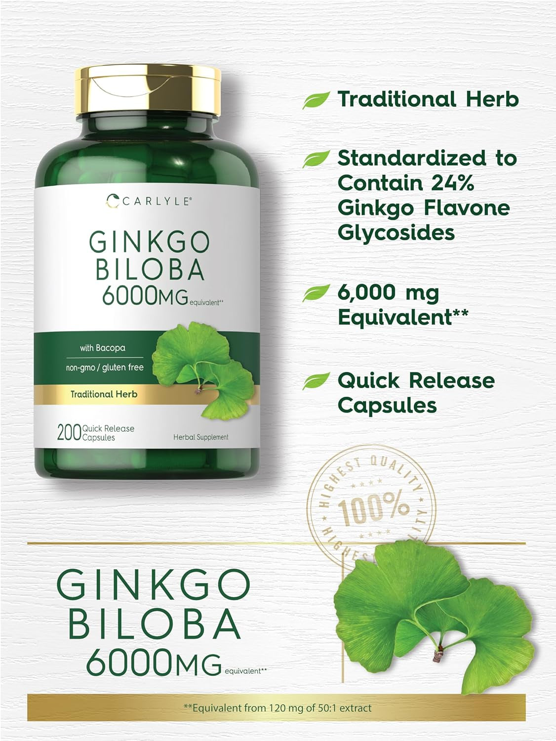 Carlyle Ginkgo Biloba Pills | 6000Mg | 200 Capsules | with Bacoba Extract | Extra Strength, Non-Gmo and Gluten Free Herbal Supplement