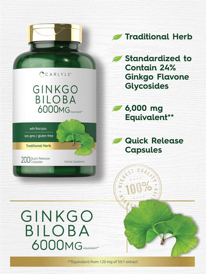 Carlyle Ginkgo Biloba Pills | 6000Mg | 200 Capsules | with Bacoba Extract | Extra Strength, Non-Gmo and Gluten Free Herbal Supplement