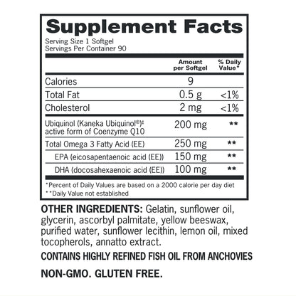Qunol plus Coq10 Ubiquinol 200 Mg. with Omega-3, 90 Softgels