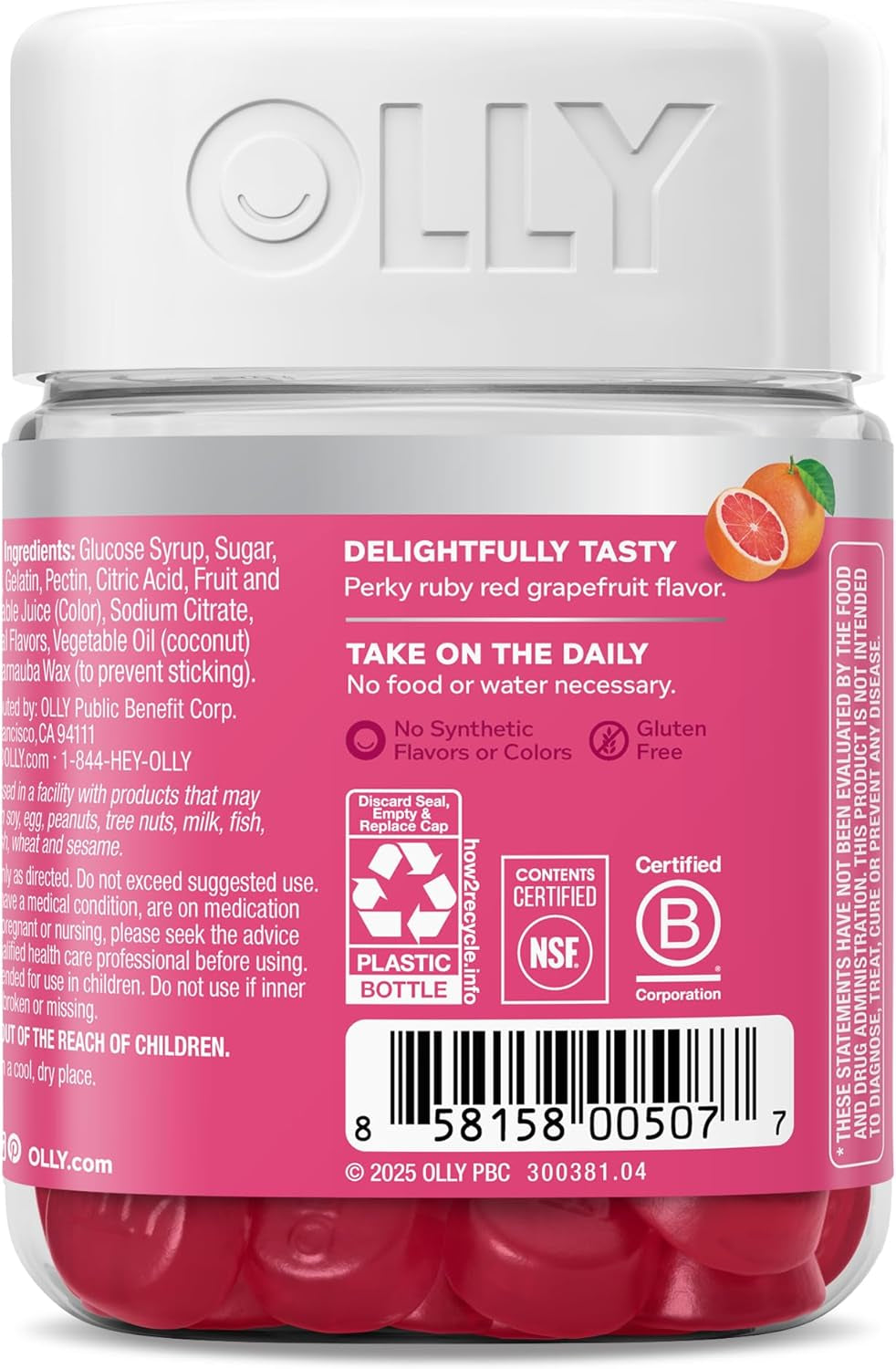 OLLY Undeniable Beauty Gummy, for Hair, Skin, Nails, Biotin, Vitamin C, Keratin, Chewable Supplement, Grapefruit, 30 Day Supply - 60 Count