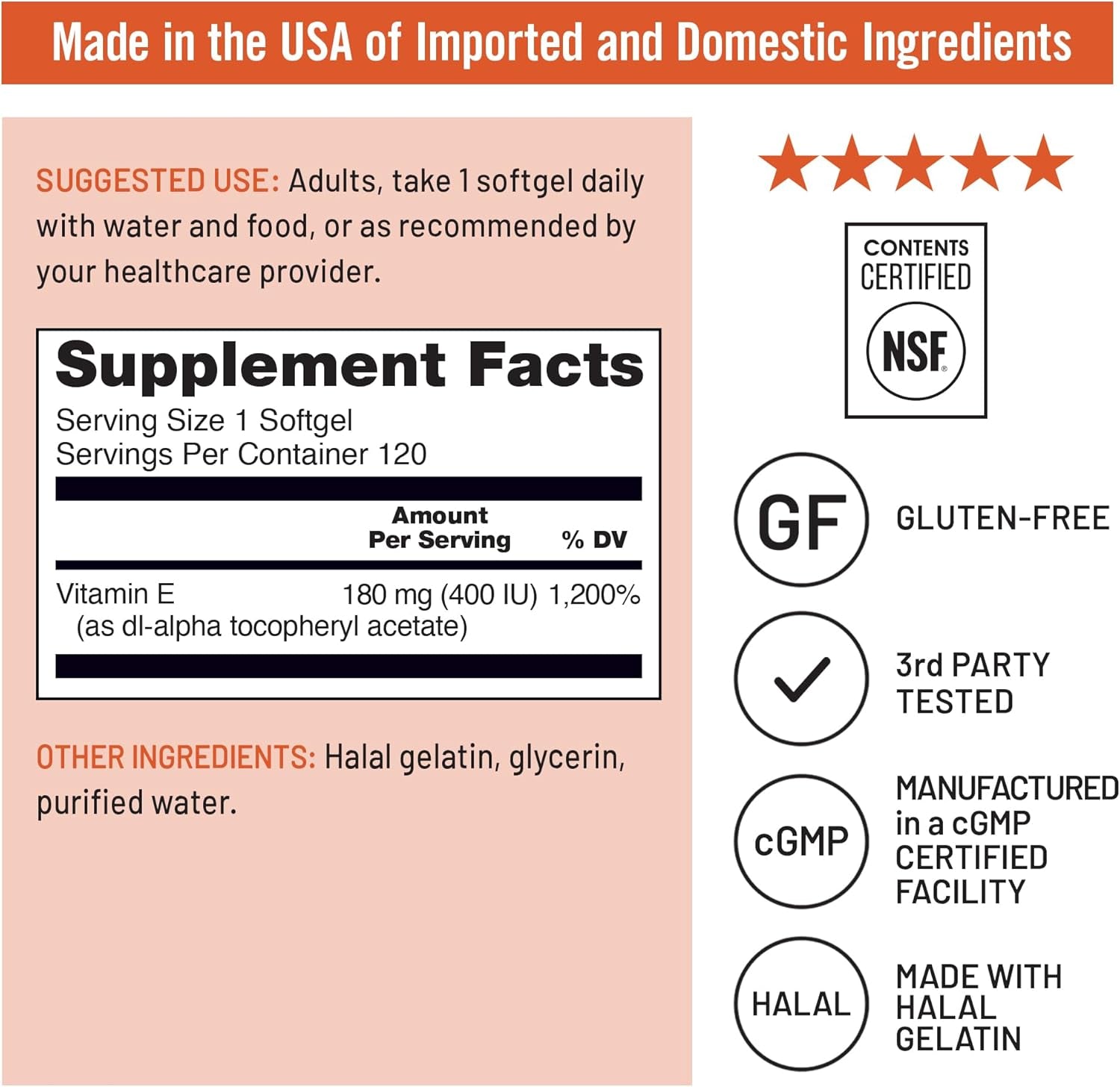 Naturewise Vitamin E 400 IU Softgels (180Mg Dl-Alpha) - Dairy, Gluten & Soy Free - Antioxidant-Rich Dietary Supplement for Skin, Heart, and Immune Health Support - 4-Month Supply, 120 Count