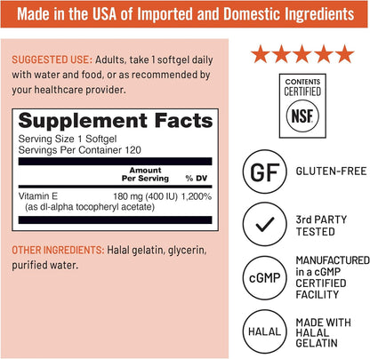 Naturewise Vitamin E 400 IU Softgels (180Mg Dl-Alpha) - Dairy, Gluten & Soy Free - Antioxidant-Rich Dietary Supplement for Skin, Heart, and Immune Health Support - 4-Month Supply, 120 Count