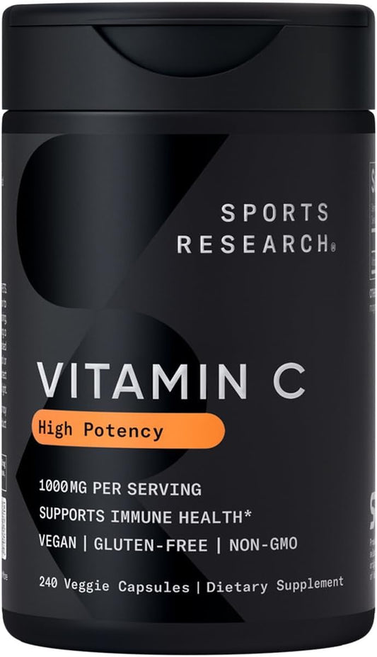 Sports Research High  Vitamin C Supplement - Vegan Veggie Capsules for Antioxidant Activity & Immune Support - Non-Gmo Verified & Gluten Free - Ascorbic Acid Vitamin C 1000Mg, 240 Count