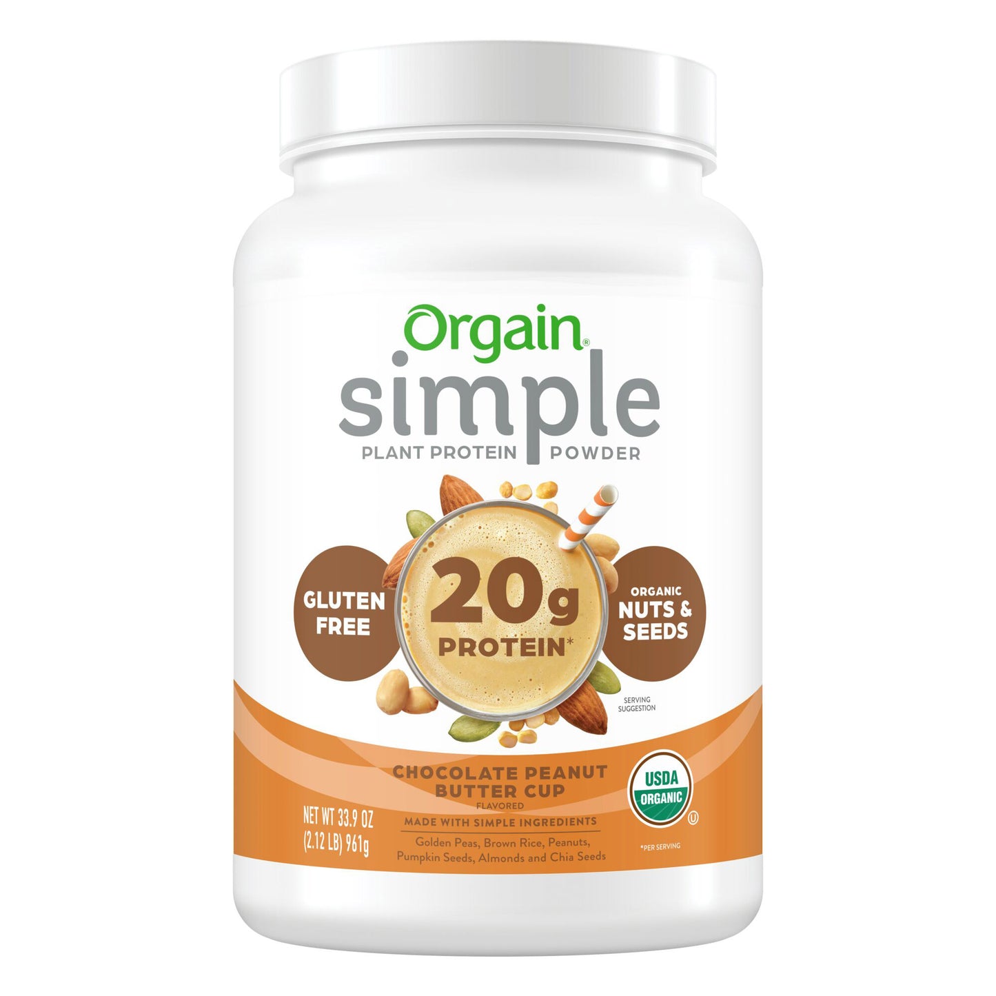 Orgain USDA Organic Simple Plant Protein Powder, Chocolate Peanut Butter Cup, 32.6 Oz