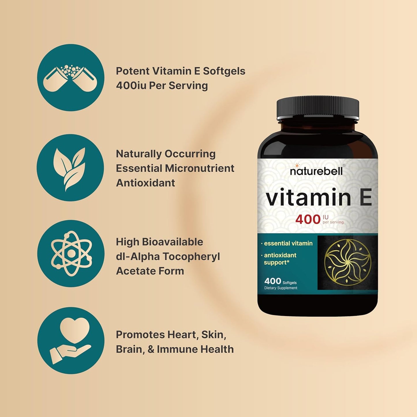 Naturebell Vitamin E Oil Softgels, 400Iu per Serving, 400 Pills | Essential Antioxidant Supplements, Easily Absorbed Form – Supports Skin, Heart, & Immune Health – Non-Gmo
