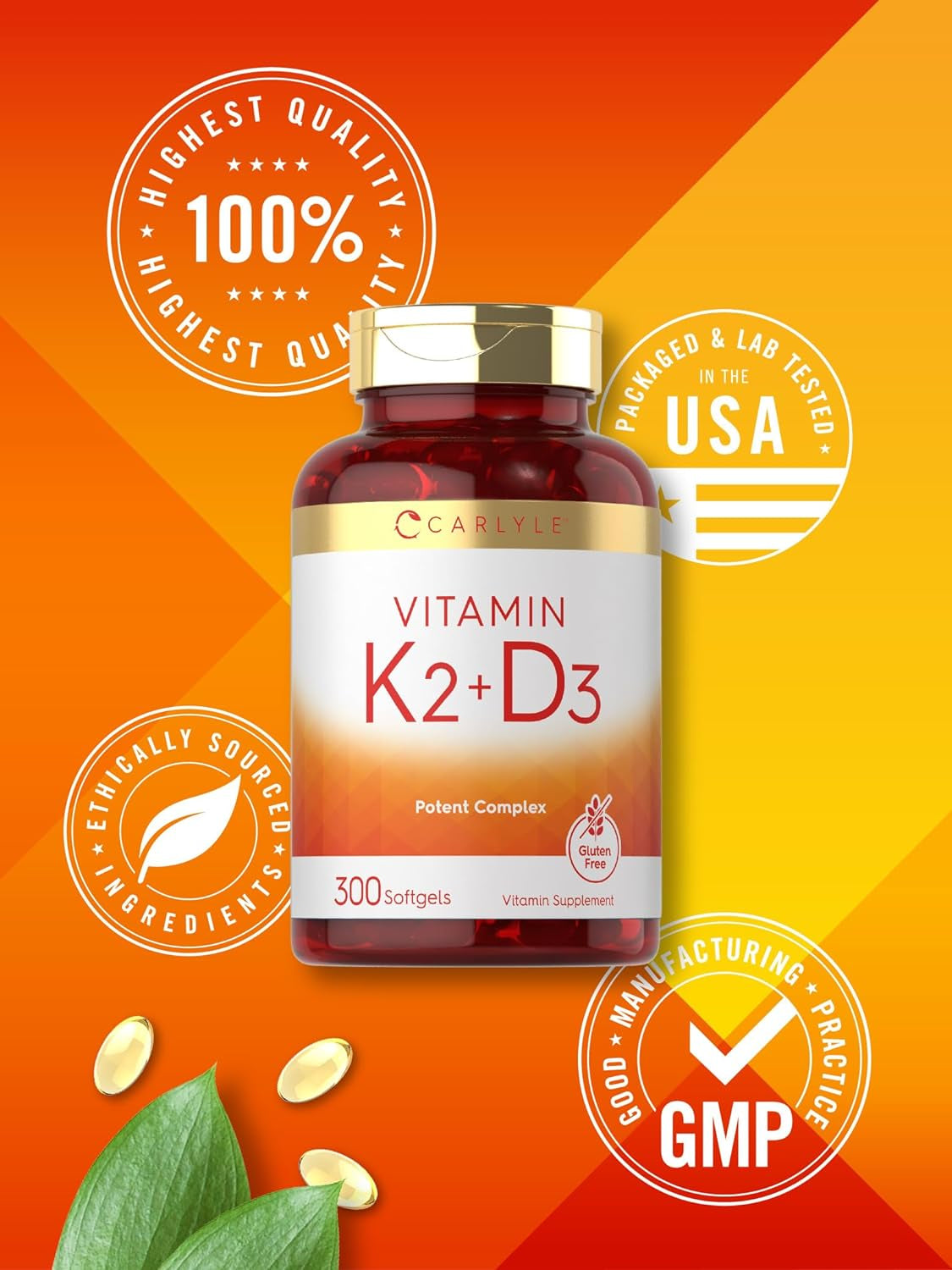 Carlyle Vitamin K2 D3 Supplement | 300 Softgels | 200Mcg K2 MK7 & 10,000 IU D3 | Non-Gmo, Gluten Free