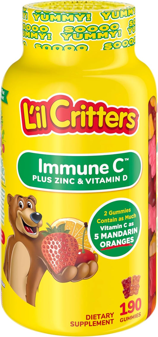 L’Il Critters Immune C Daily Gummy Supplement Vitamin for Kids, for Vitamin C, D and Zinc for Immune Support, Orange, Lemon, Strawberry and Cherry Flavors, 190 Gummies (Packaging May Vary)